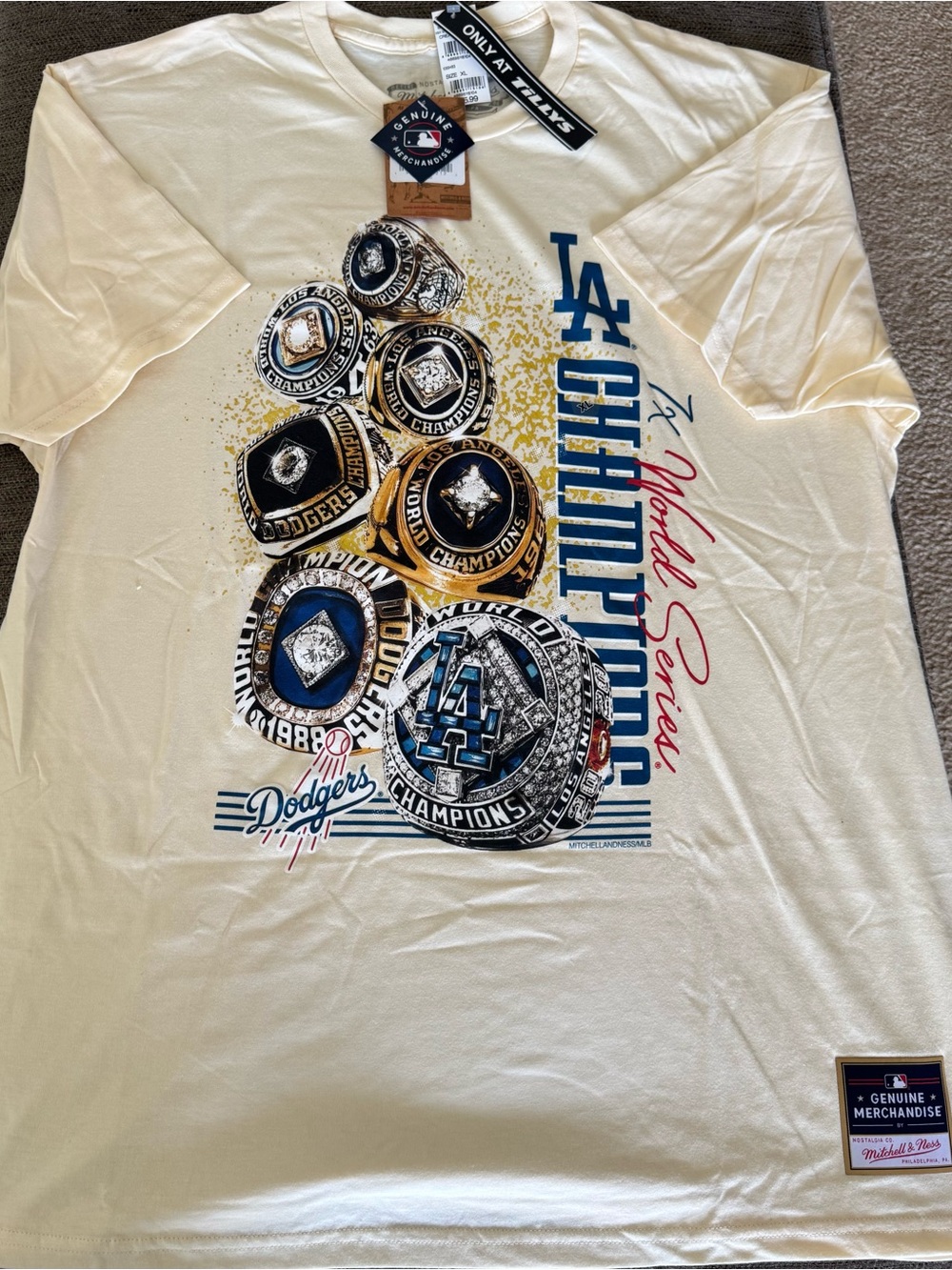 Mitchell & Ness Cream T-shirt with Blue LA Logo and Gold Accents